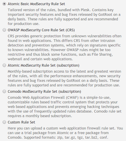 plesk 12 - modsecurity ruleset selection
