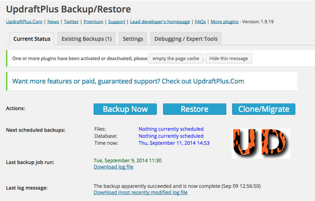 updraft wordpress backup