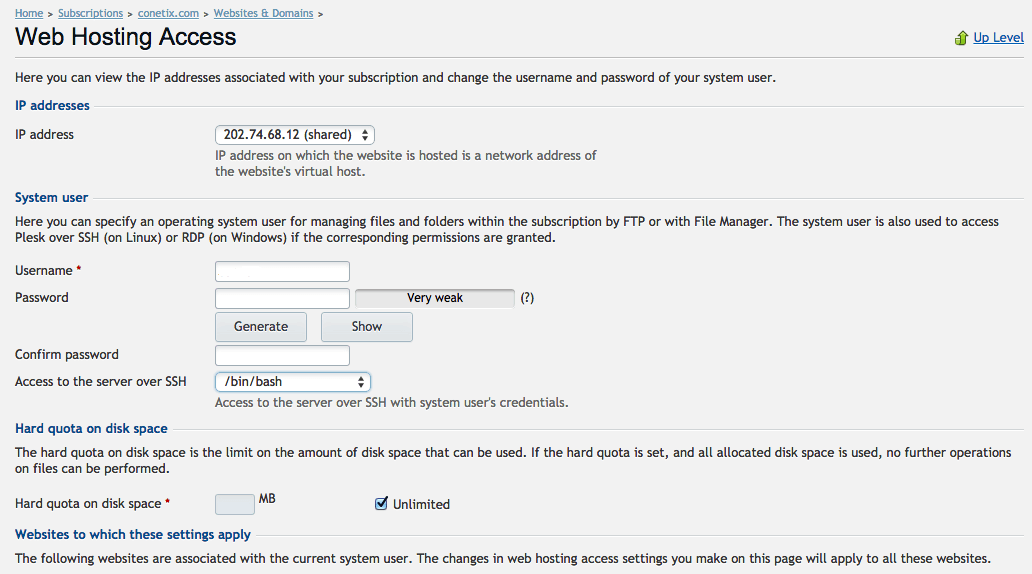 plesk 12 web hosting access screenshot