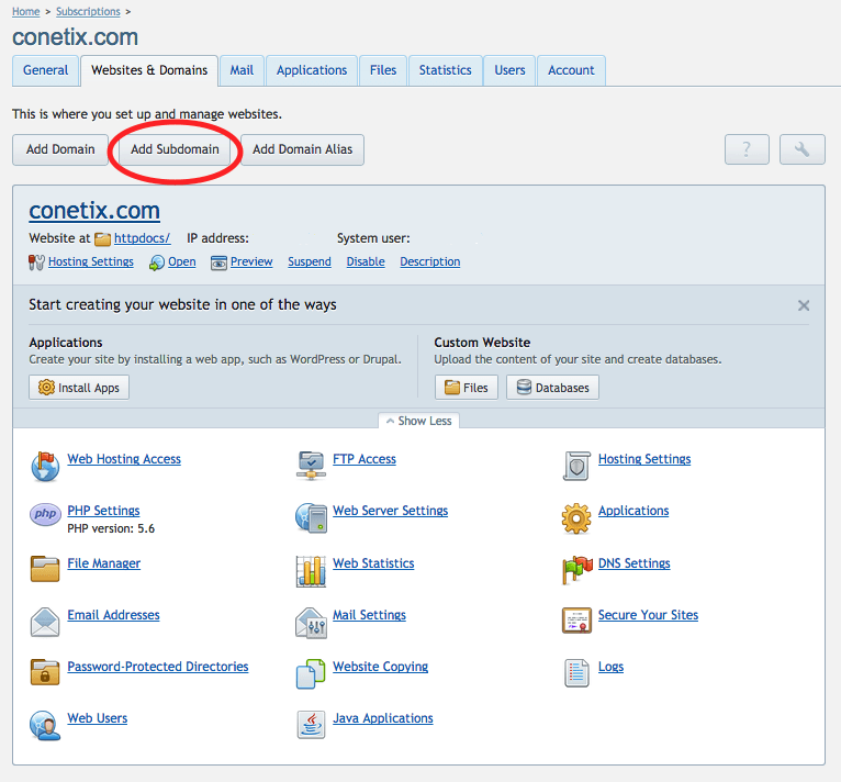 add a sub domain in plesk 12