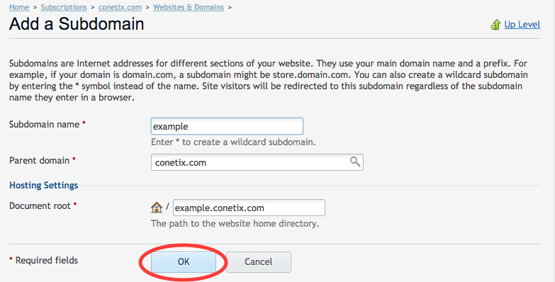 click ok on sub domain creation in plesk 12