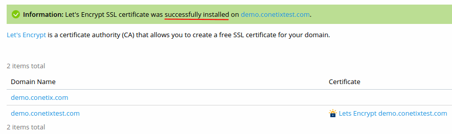 plesk 12.5 - lets encrypt certificate installed