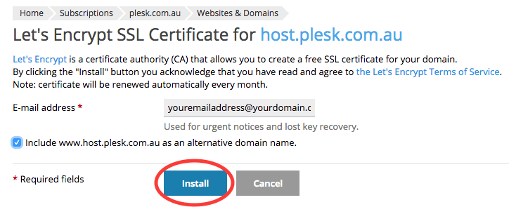 let's encrypt install button in plesk 12