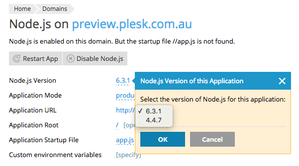 what's new plesk onyx: node.js multiple versions