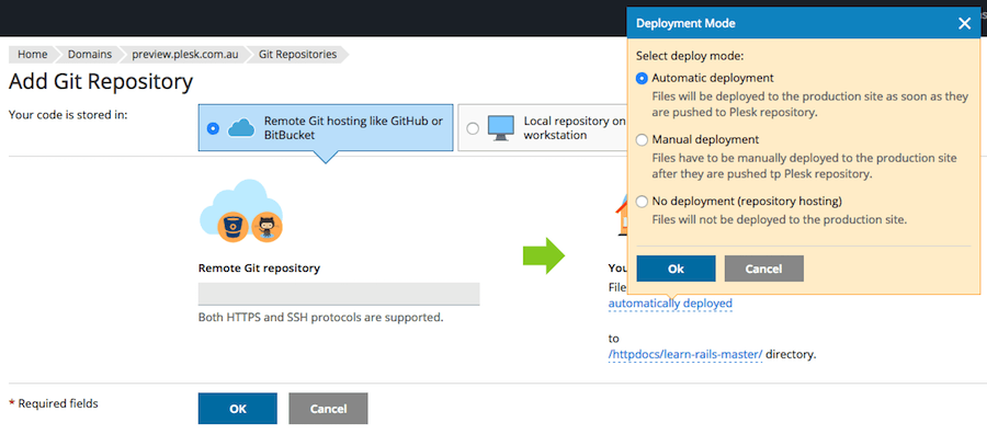 what's new plesk onyx: git deployment options