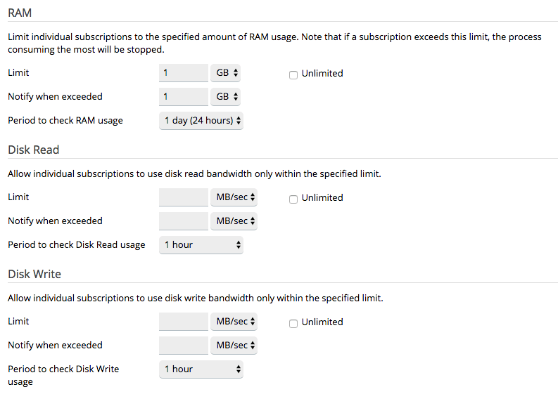 what's new plesk onyx: resource limits for cpu, ram, disk i/o