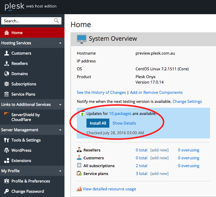 what's new plesk onyx: system updates screen shot main page