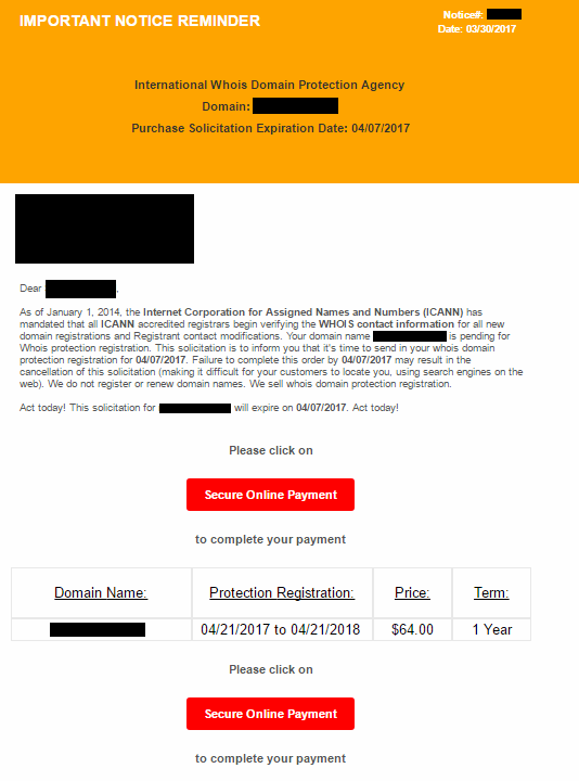international whois domain protection agency scam email