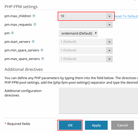 plesk onyx: increasing php fpm max children
