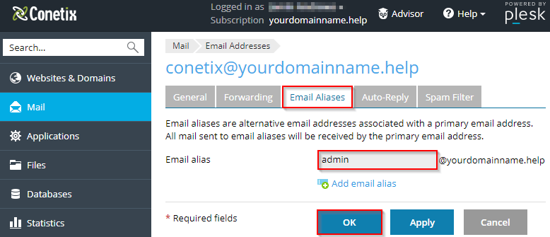 plesk onyx - how to add an email alias